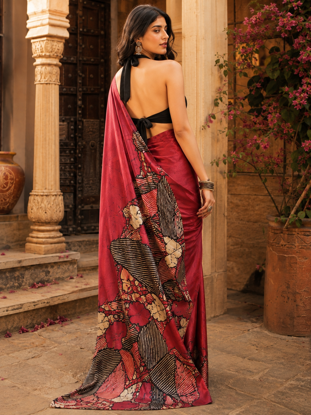 Premium Satin Silk Printed Saree With Unstitched Blouse(Red)