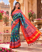 Soft Patola Silk Ikkat DPrint Saree With Unstitched Blouse(Blue)