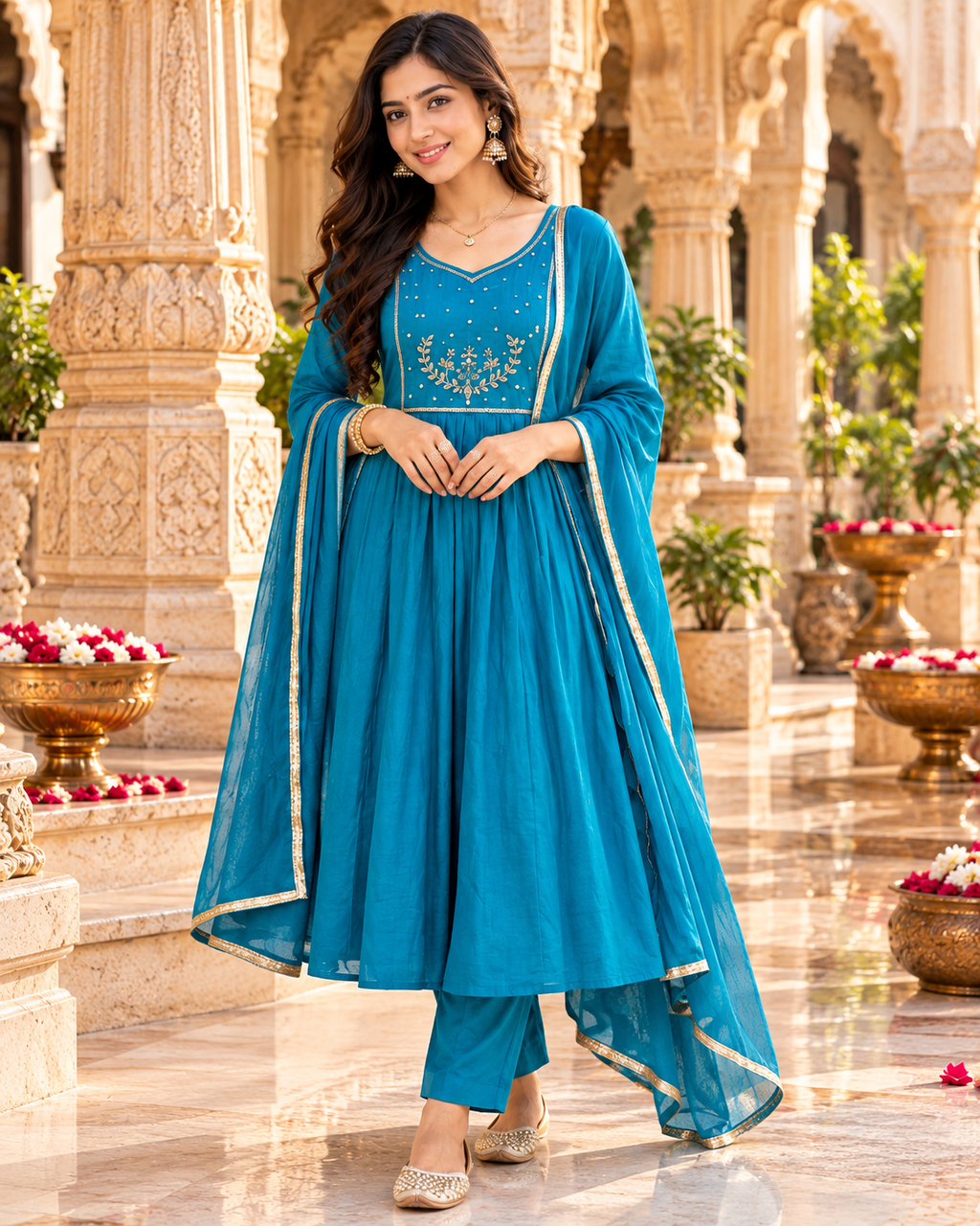 Chanderi Cotton Kurti Pant Set With Dupatta(Blue)