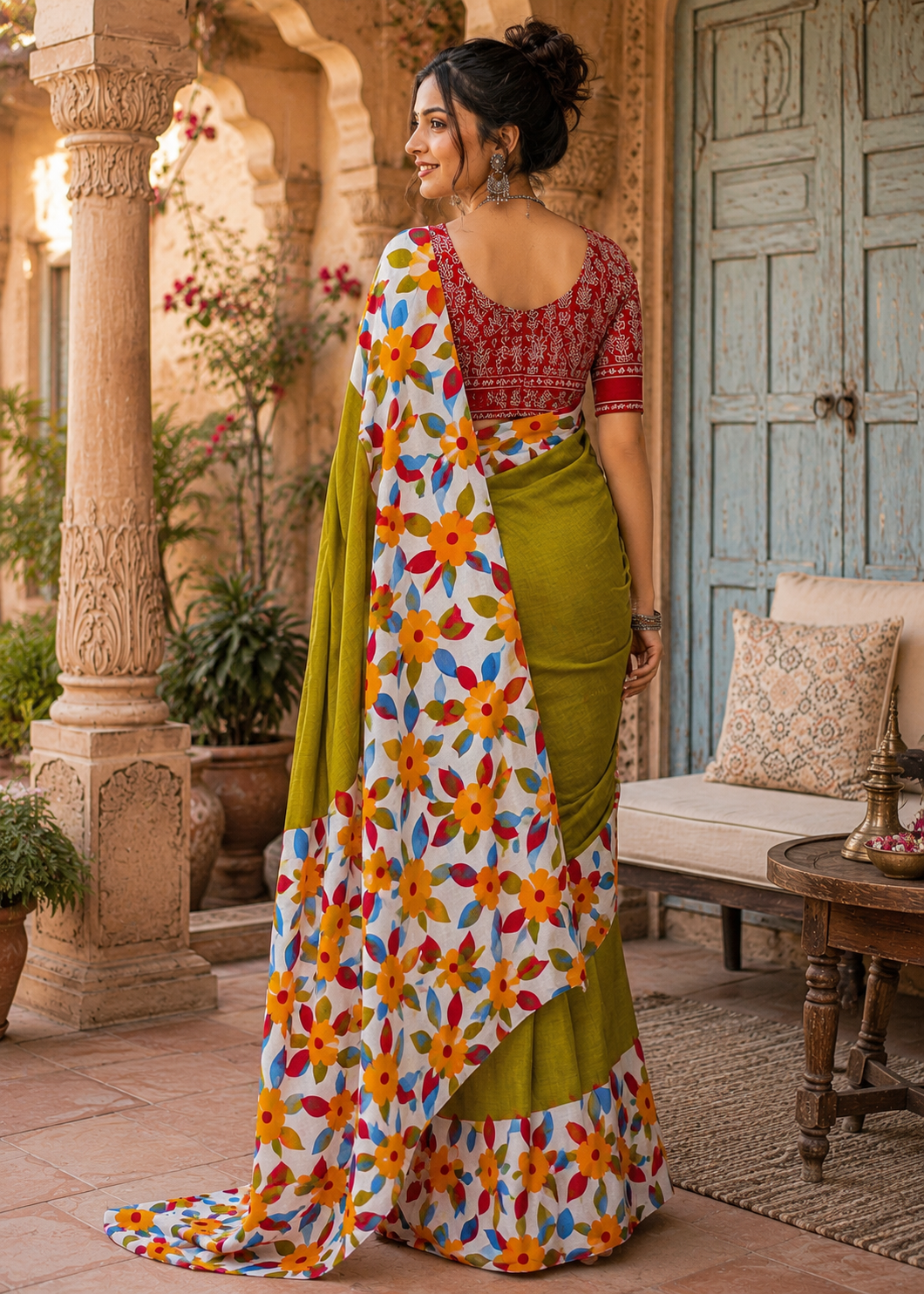 Soft Mulmul Cotton Block Printed Saree With unstitched Blouse(Green)