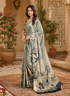 Premium Crepe Silk Digital Floral Print Saree With Unstitched Blouse(Grey)