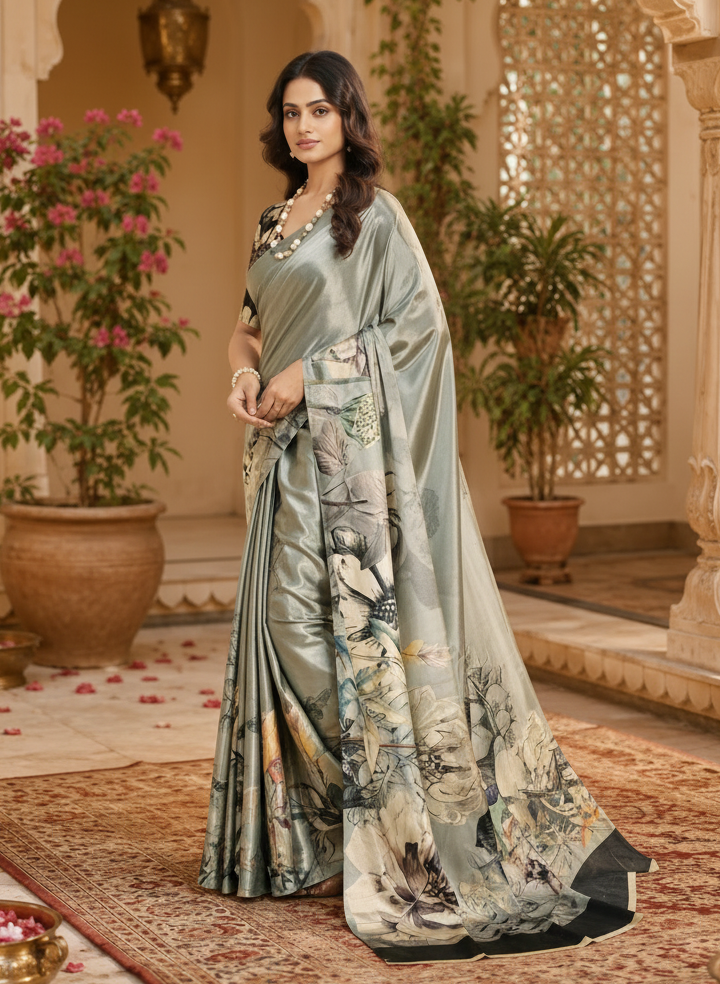 Premium Crepe Silk Digital Floral Print Saree With Unstitched Blouse(Grey)
