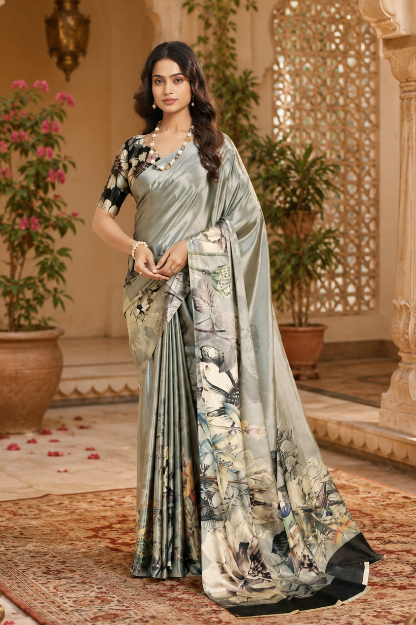 Premium Crepe Silk Digital Floral Print Saree With Unstitched Blouse(Grey)
