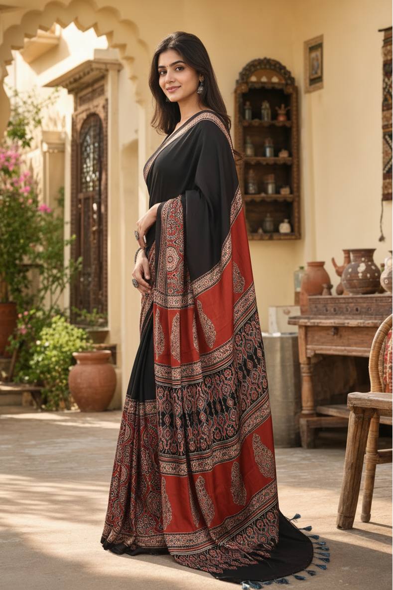 Premium Gajji Silk Ajrakh Printed Saree With Unstitched Blouse(Red)