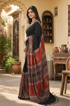 Premium Gajji Silk Ajrakh Printed Saree With Unstitched Blouse(Red)