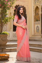 Satin Embroidery Work Saree With Unstitched Blouse(Pink)