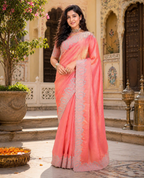Satin Embroidery Work Saree With Unstitched Blouse(Pink)