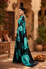 Load image into Gallery viewer, Satin Silk Floral Printed Saree with Unstitched Blouse(Green)
