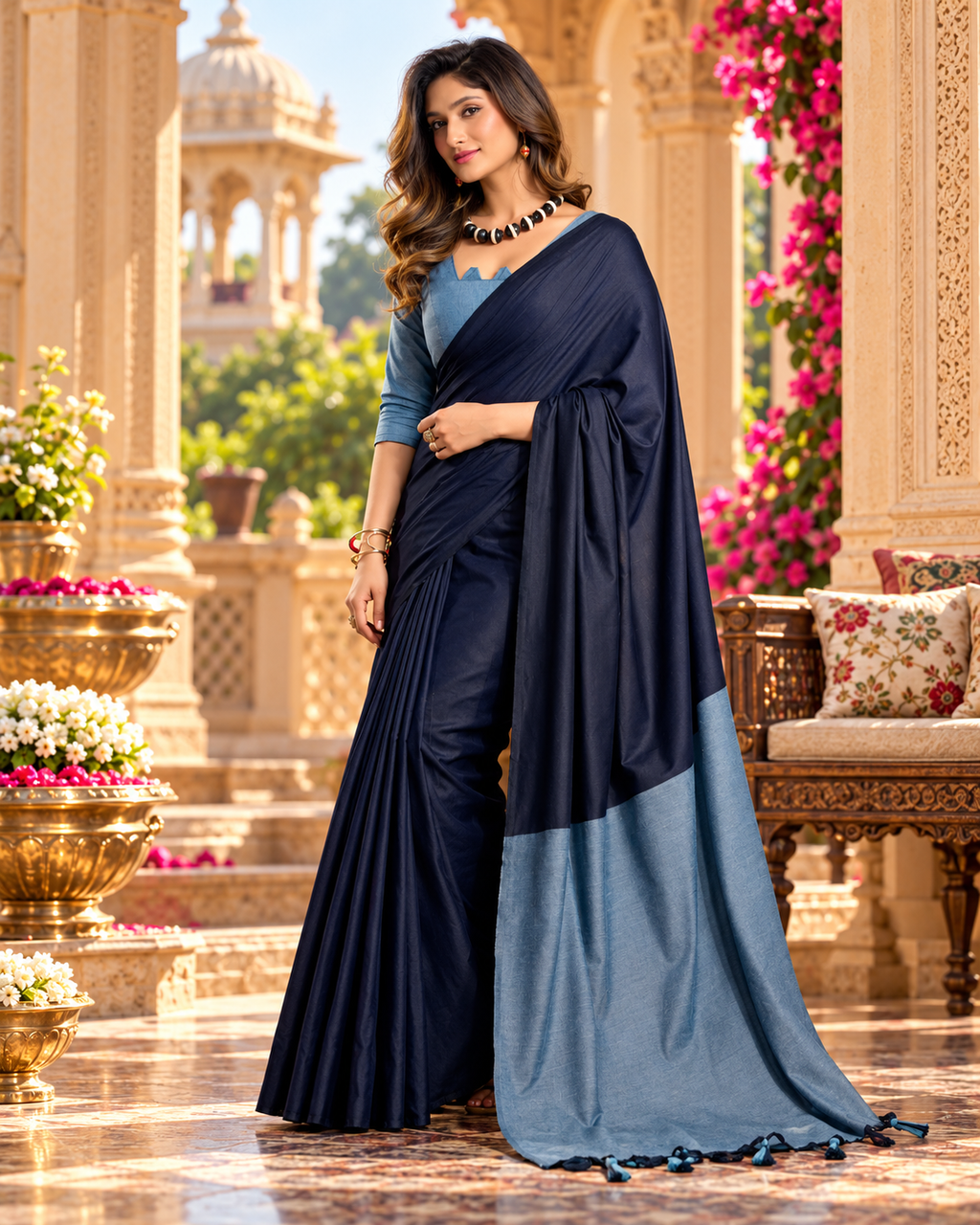 Mulmul Cotton Printed Saree With Unstitched Blouse(Blue)