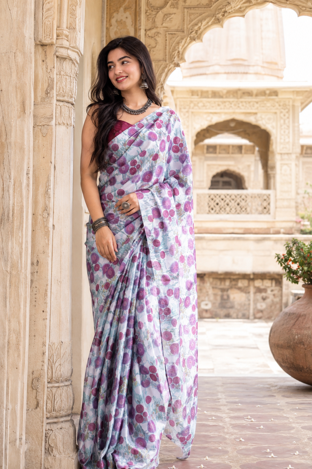 Satin Silk Printed Saree With Unstitched Blouse(Purple)
