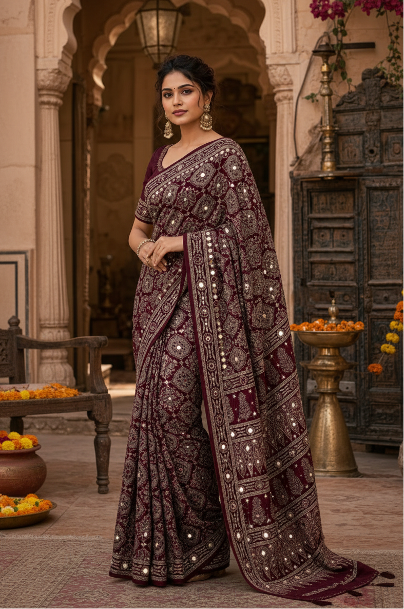 Premium Satin Ajrakh Printed Mirror Work Saree With Unstitched Blouse(Wine)