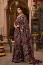 Premium Satin Ajrakh Printed Mirror Work Saree With Unstitched Blouse(Wine)