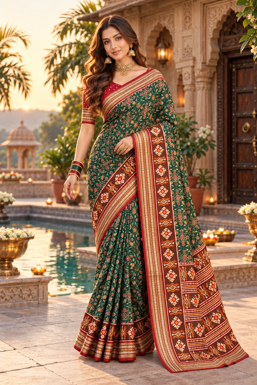 Pure Silk Patola Art Saree With Unstitched Blouse(Green)