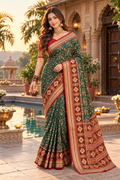 Pure Silk Patola Art Saree With Unstitched Blouse(Green)