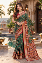 Pure Silk Patola Art Saree With Unstitched Blouse(Green)