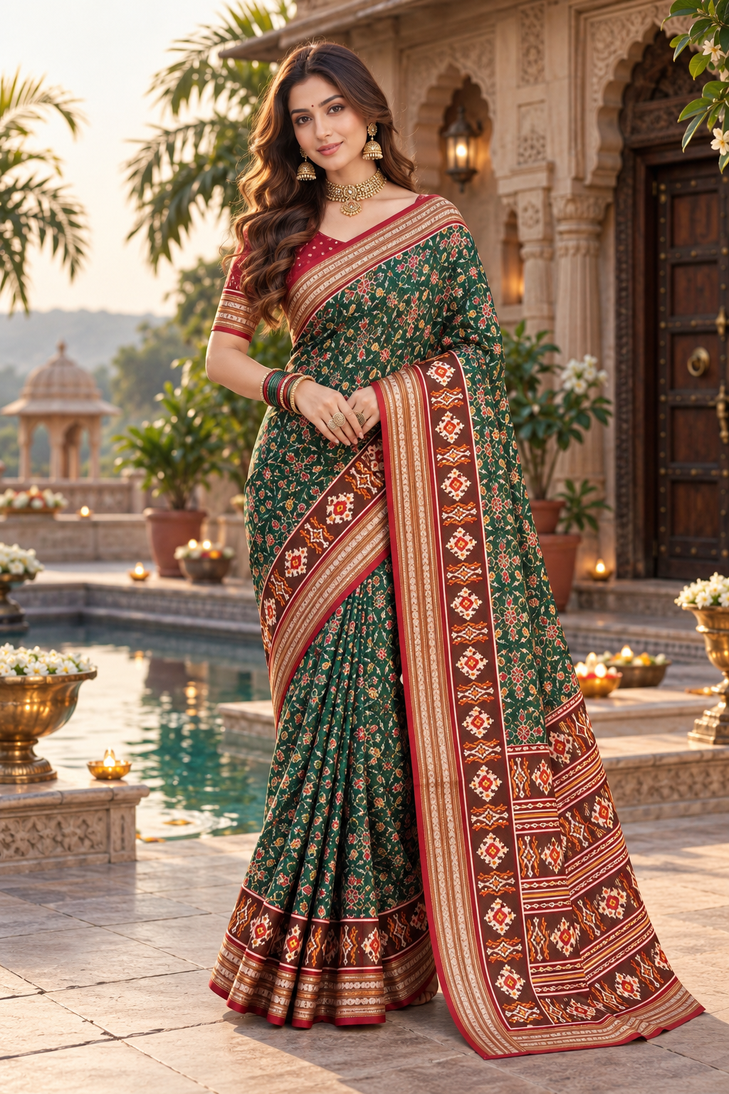 Pure Silk Patola Art Saree With Unstitched Blouse(Green)