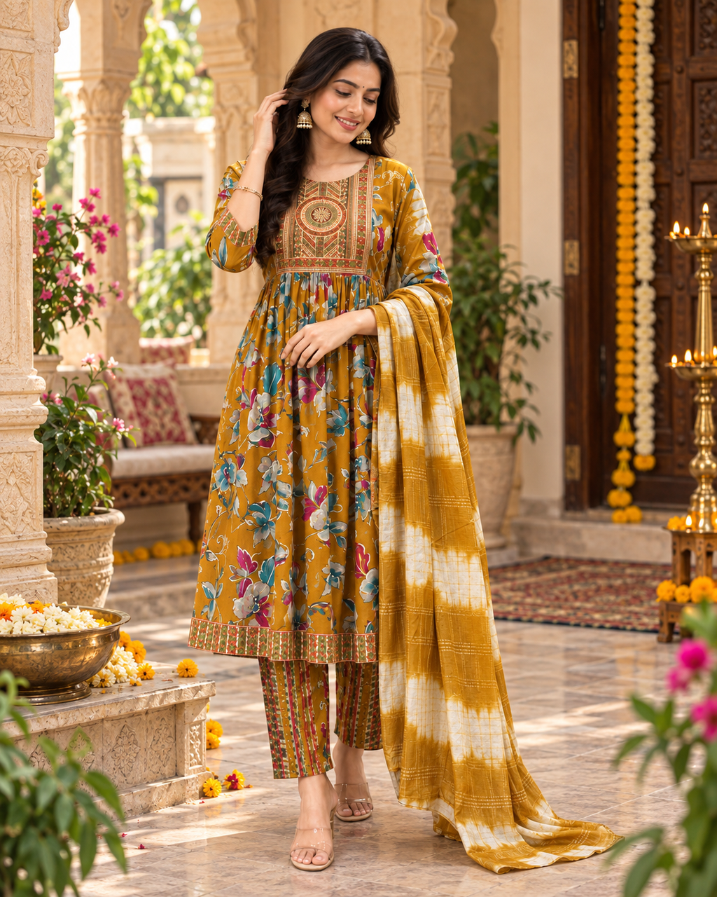 Cotton Kurti Pant Set With Dupatta(Yellow)