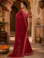 Organza Silk Saree With Unstitched Blouse(Red)