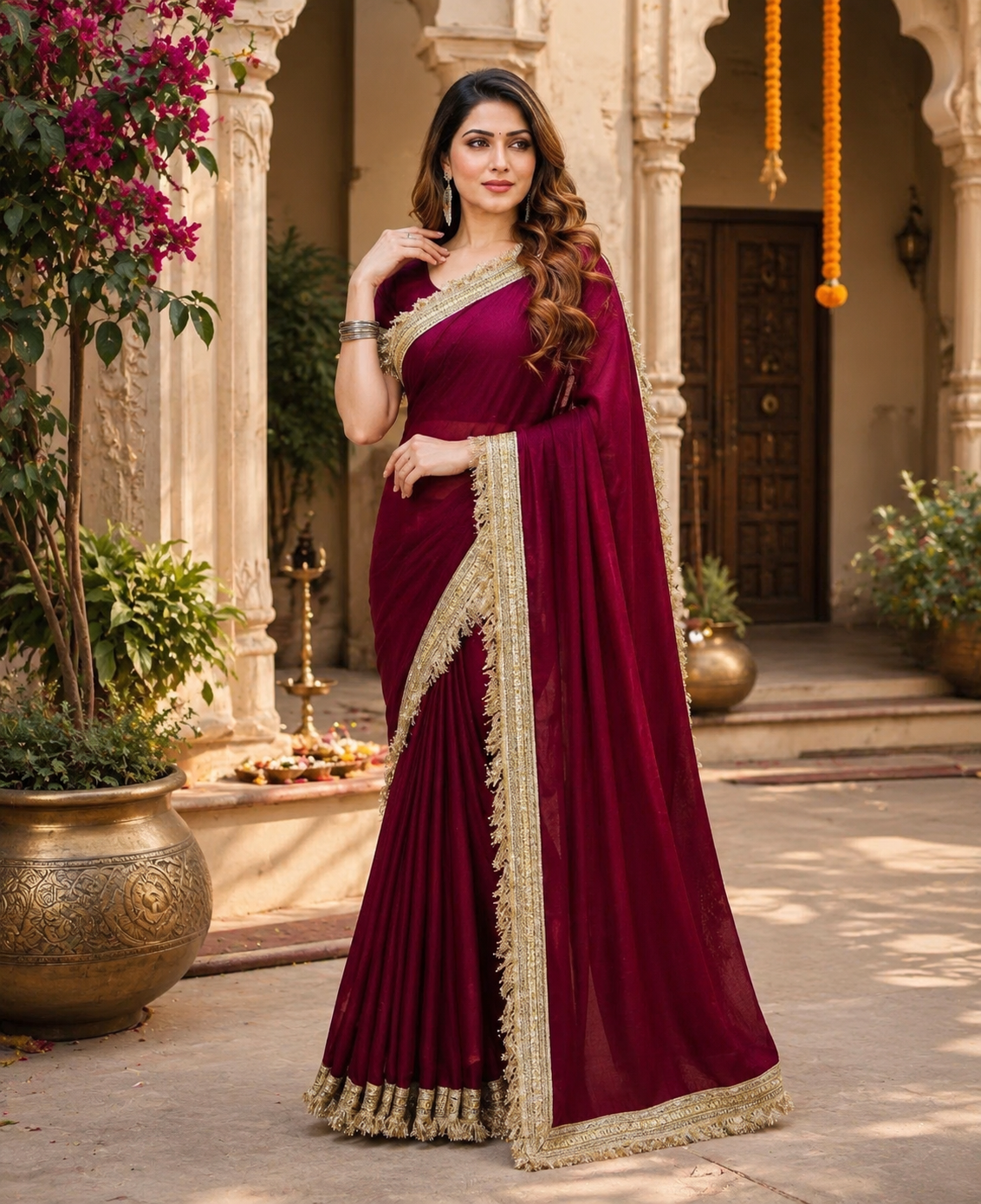 Georgette Lace Border Saree With Unstitched Blouse(Red)