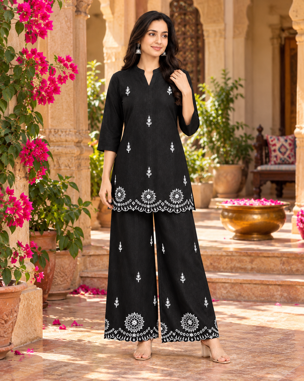 Pure Cotton Embroidery Work Co-Ord Set(Black)