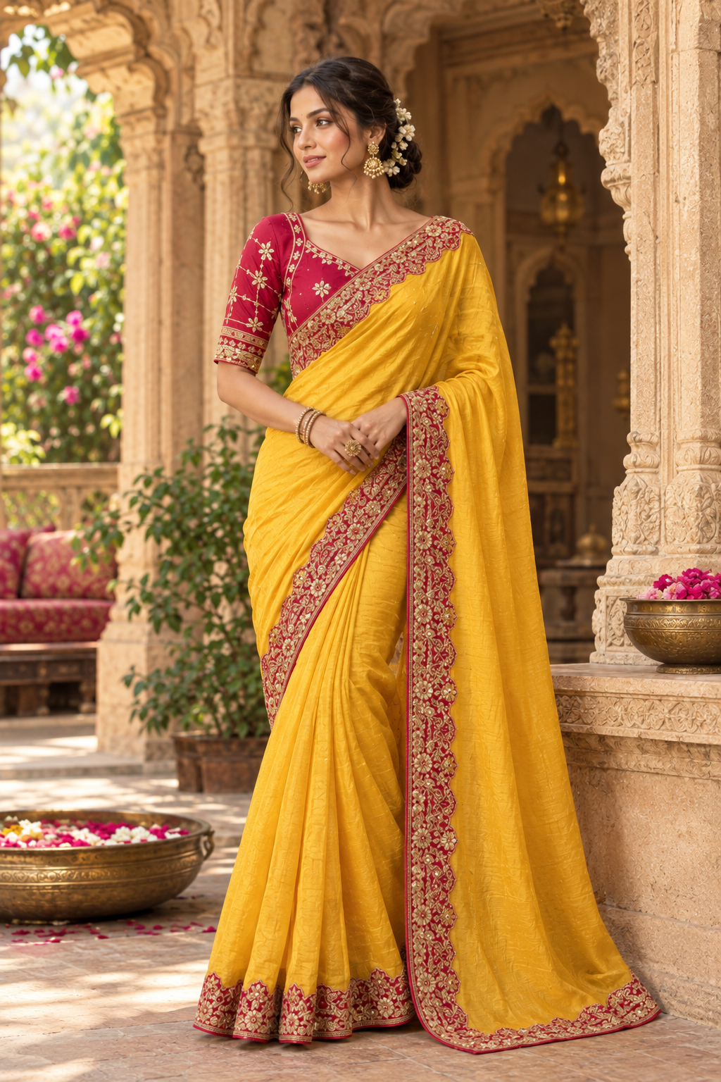 Chinon Silk Saree With Unstitched Blouse(Yellow)