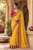 Chinon Silk Saree With Unstitched Blouse(Yellow)