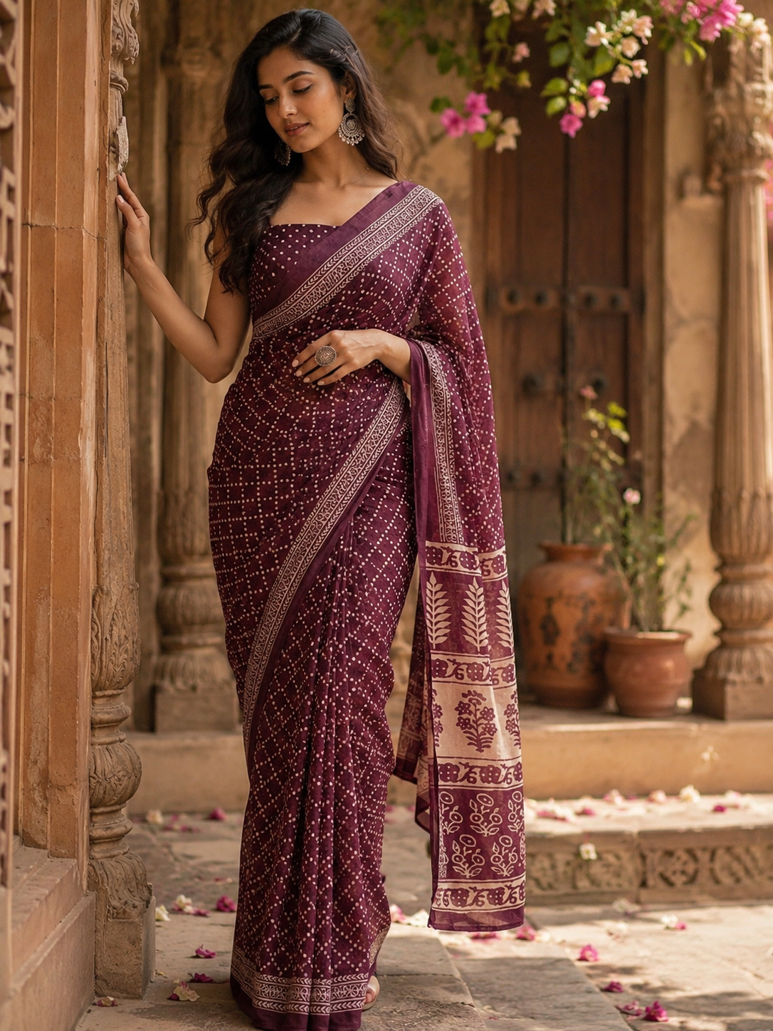 Soft pure mulmul cotton printed saree with unstitched blouse(wine)