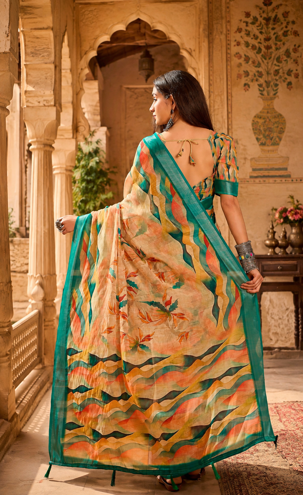 Linen Floral-Printed Saree With Unstitched Blouse (Mustard)