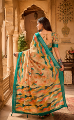 Linen Floral-Printed Saree With Unstitched Blouse (Mustard)