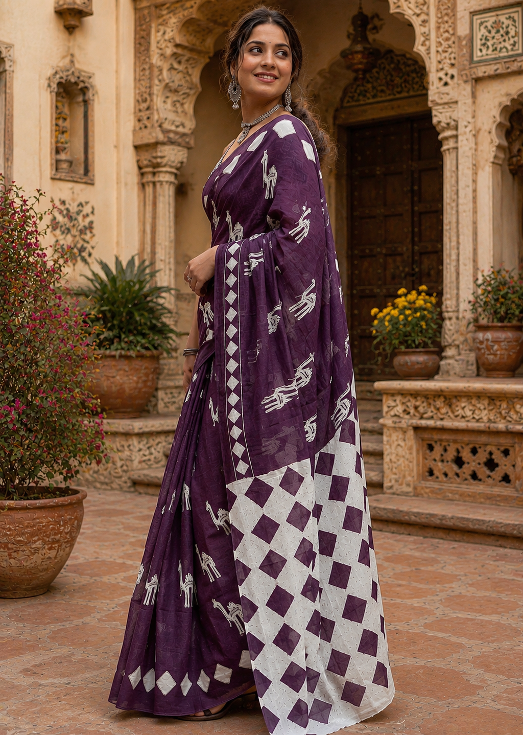 Soft Pure Cotton Printed Saree With Unstitched Blouse(Wine)