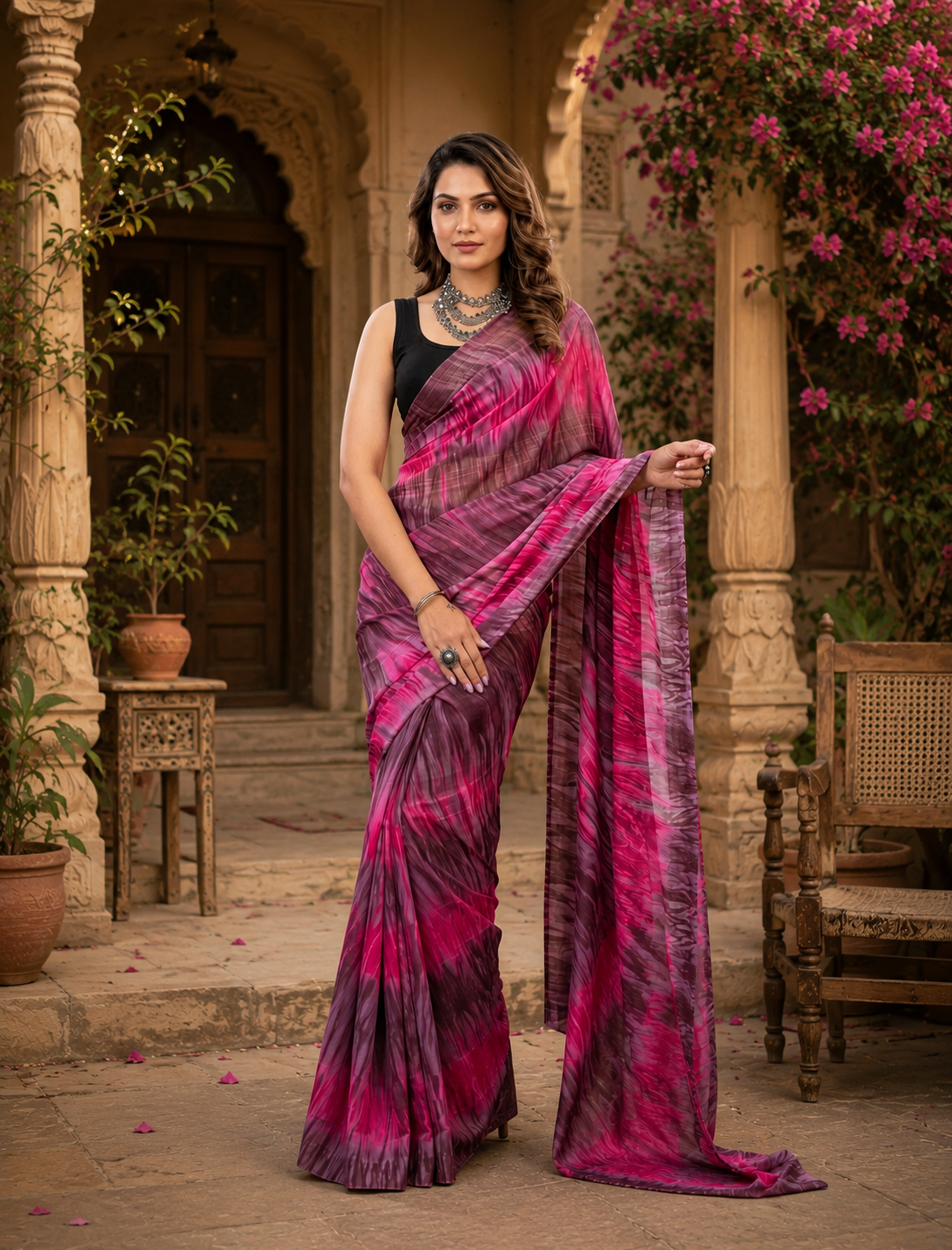 Soft Georgette Ready to Wear Saree With Unstitched Blouse(Pink)