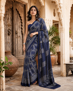 Satin Silk Printed Saree With Unstitched Blouse(Blue)