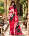 Georgette Floral Printed Saree With Unstitched Blouse(Red)