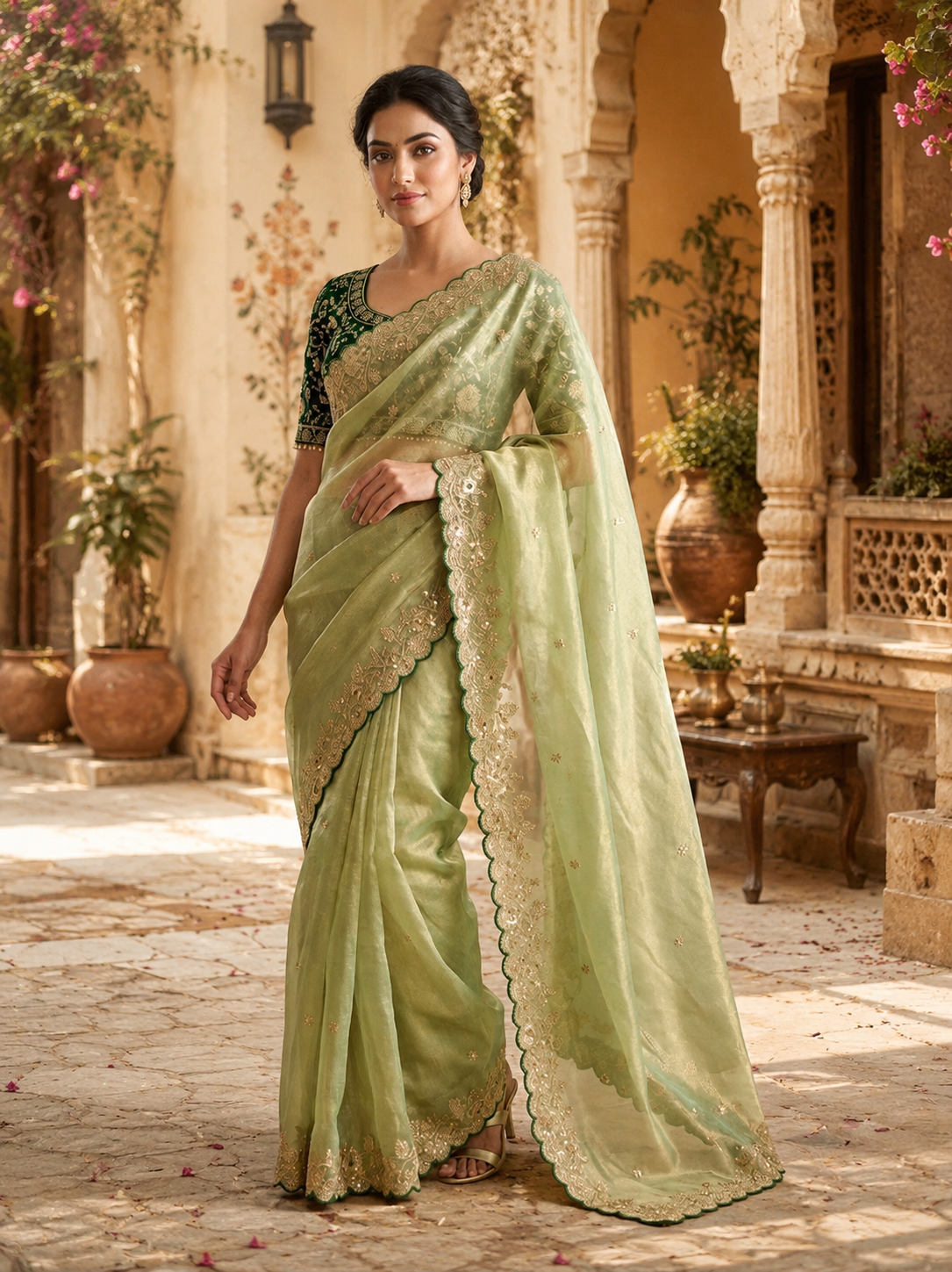 Satin Silk Embroidery Work Saree with Unstitched Blouse(Green)