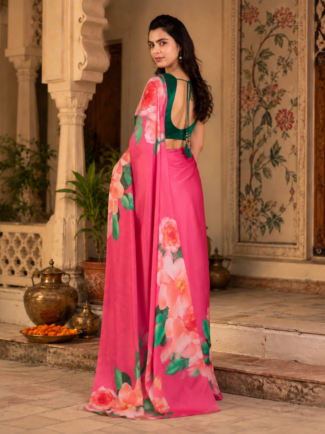 Satin Georgette Printed Printed Saree With Unstitched Blouse(Pink)