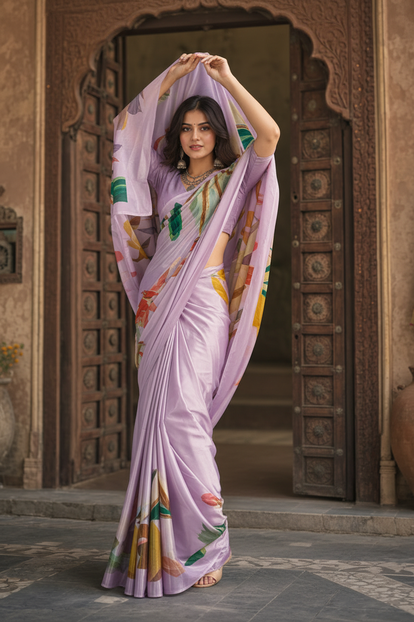 Premium Crepe Silk Saree With Unstitched Blouse(Lavender)