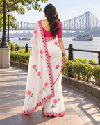 Pure Tabby Silk Embroidery Sequin Work Saree With Unstitched Blouse(White)