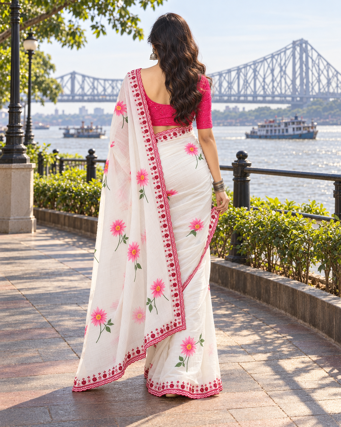 Pure Tabby Silk Embroidery Sequin Work Saree With Unstitched Blouse(White)