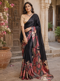 Premium Satin Silk Printed Saree With Unstitched Blouse(Black)