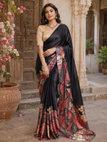 Load image into Gallery viewer, Premium Satin Silk Printed Saree With Unstitched Blouse(Black)
