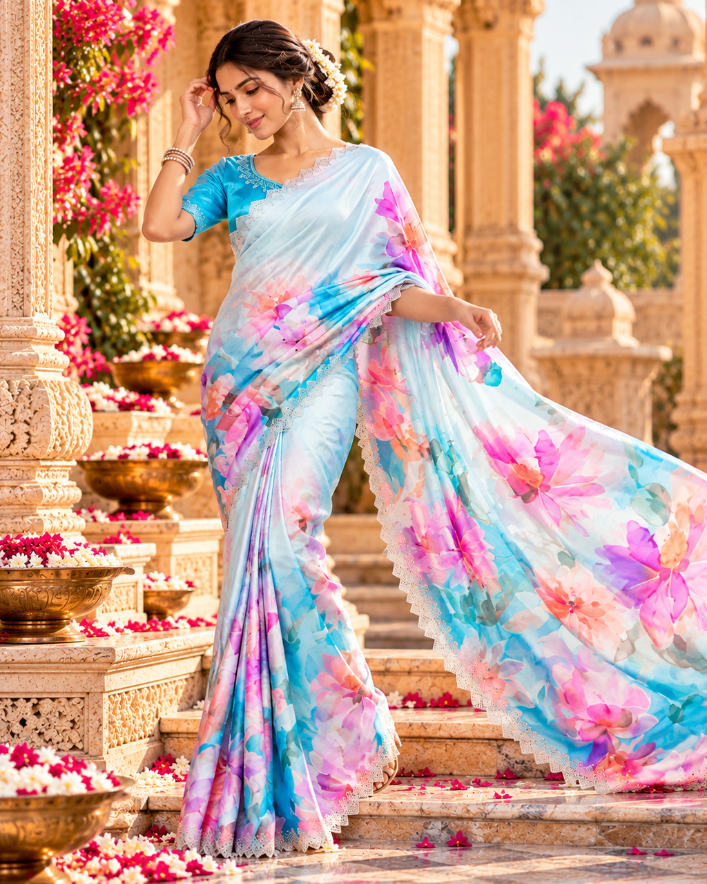 Pure Maheshwari Silk Saree With Unstitched Blouse(Blue)