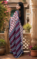 Mulmul Cotton Bagru Block Printed Saree With Unstitched Blouse(Red)
