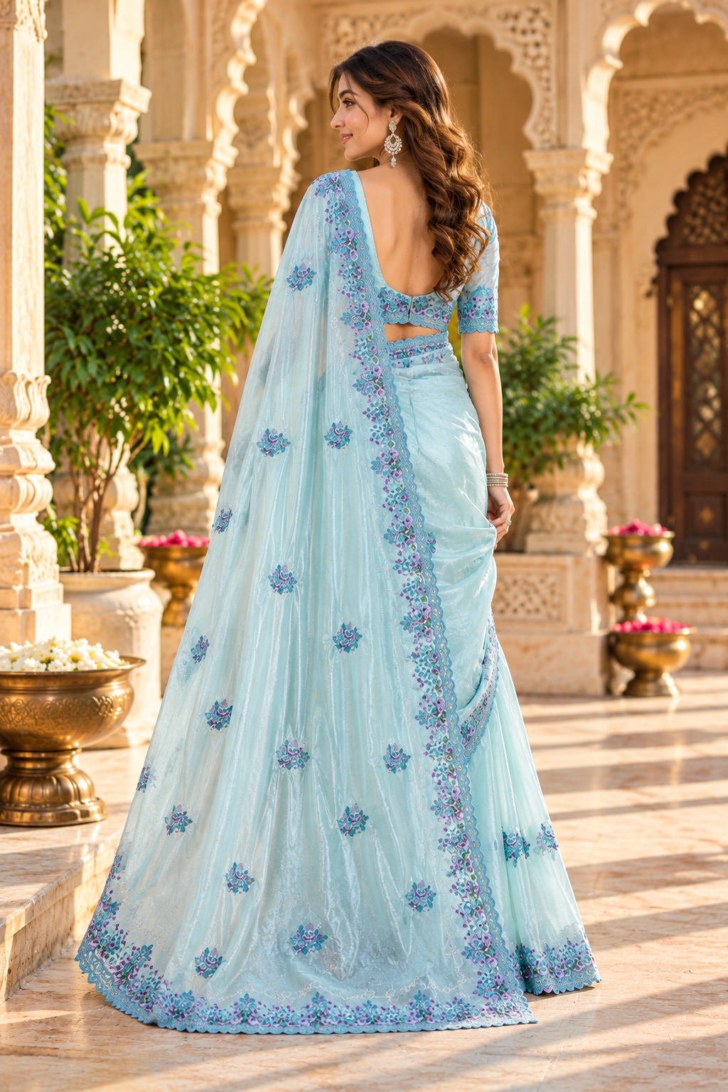 Crush Silk Embroidery Work Saree With Unstitched Blouse(Sky)