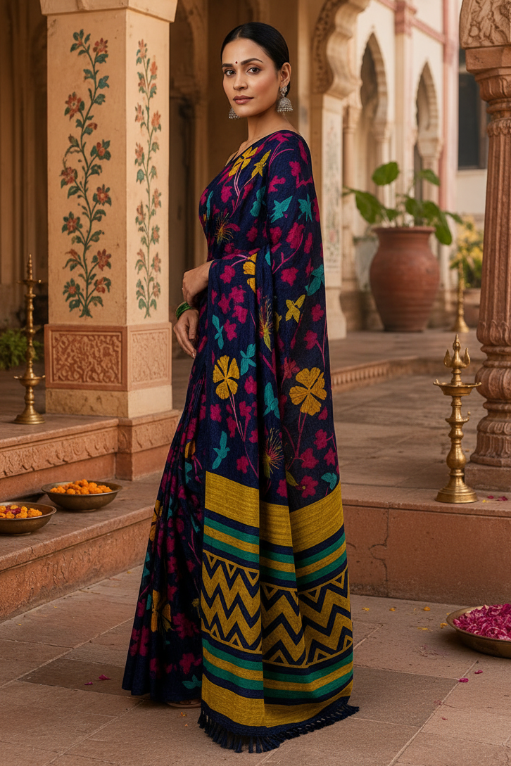 Georgette Printed Saree With Unstitched Blouse(Blue)