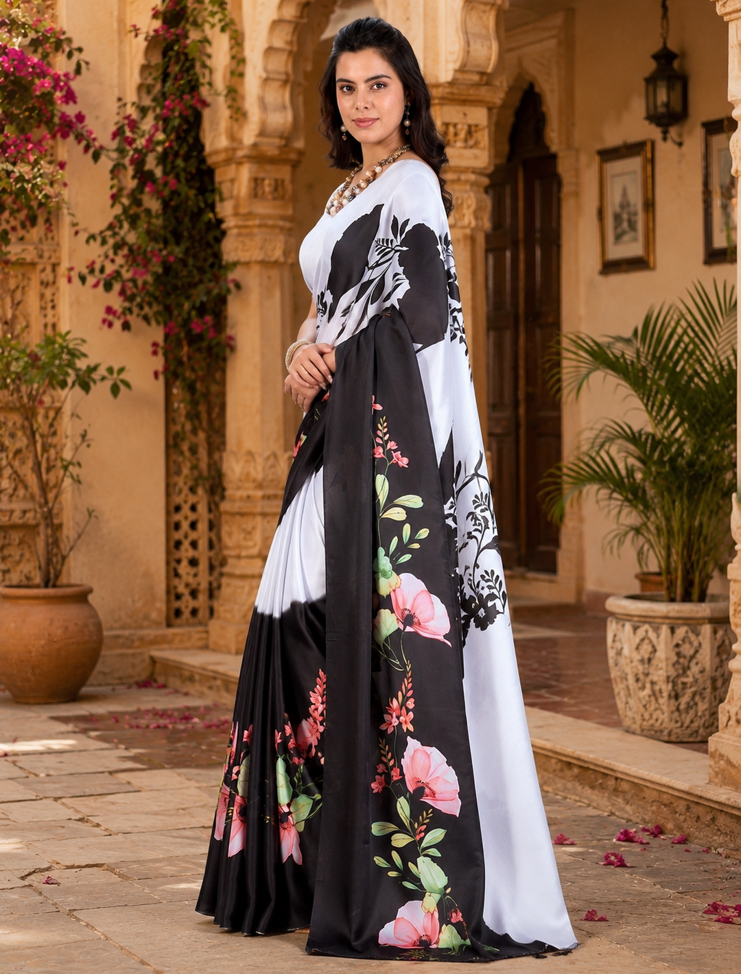 Elegant Soft Georgette Printed Saree With Unstitched Blouse(Black& White)