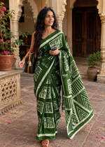 Load image into Gallery viewer, Mulmul Cotton Batik Hand Block Print Saree With Unstitched Blouse(Green)
