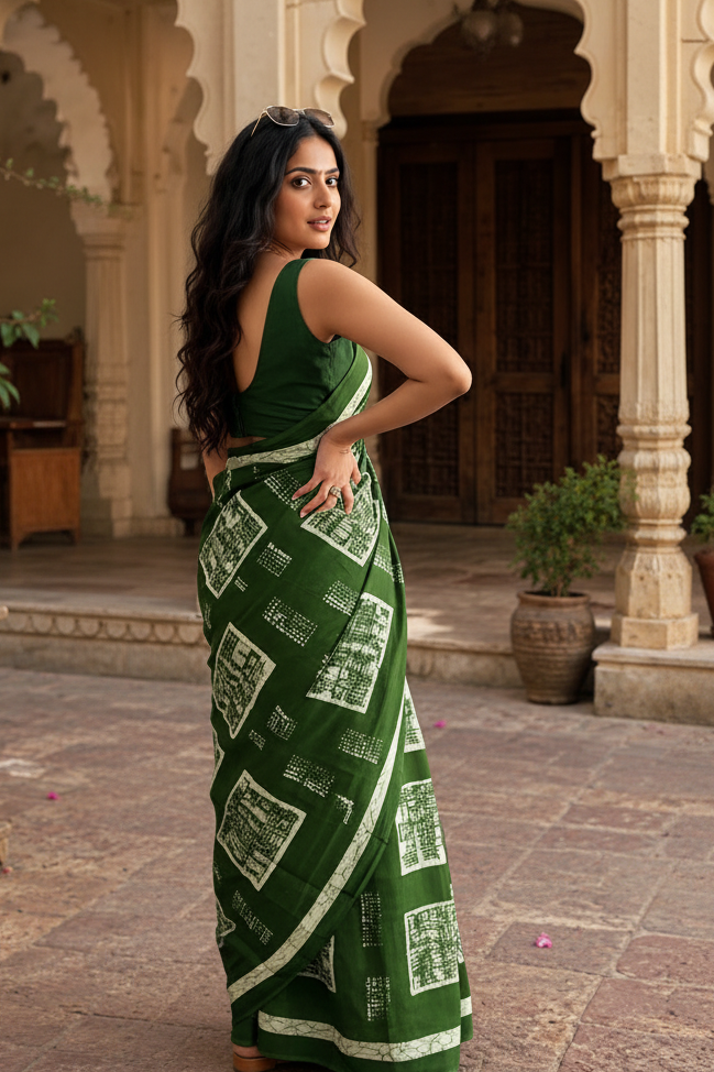 Mulmul Cotton Batik Hand Block Print Saree With Unstitched Blouse(Green)