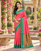 Premium Paithani Katan Silk Butti Saree With Zari Border Unstitched Blouse (Pink)
