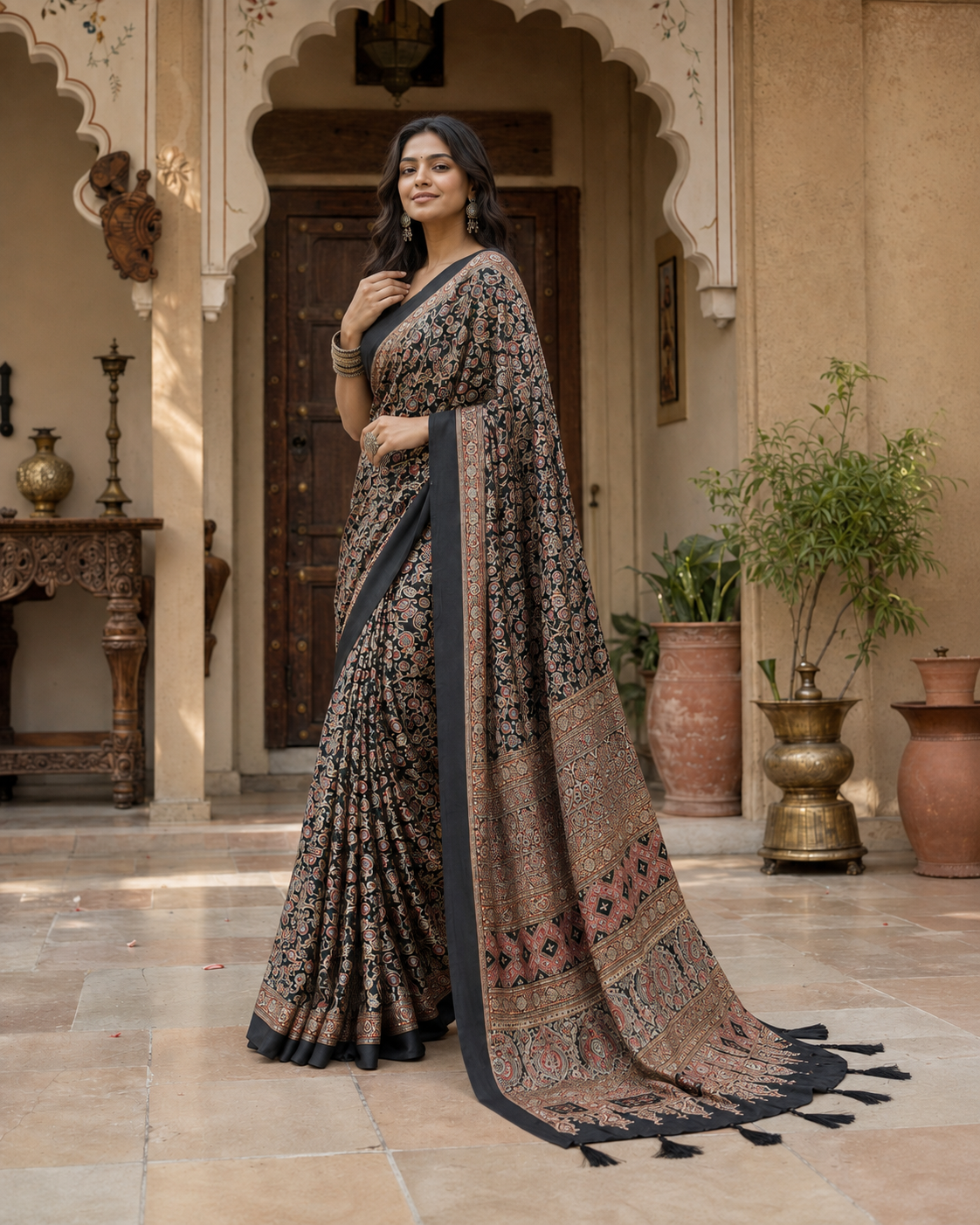 Satin Silk Ajrakh printed Saree With Unstitched Blouse(Black)