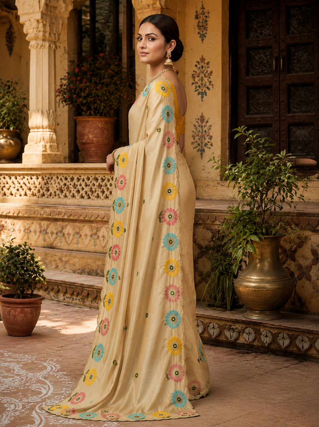 Crepe Silk Embroidery Work Zari Border Saree With Unstitched Blouse(Yellow)